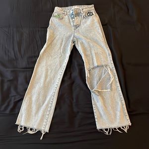 Zara blue straight leg high waisted size US 0 with removable ironed on patches